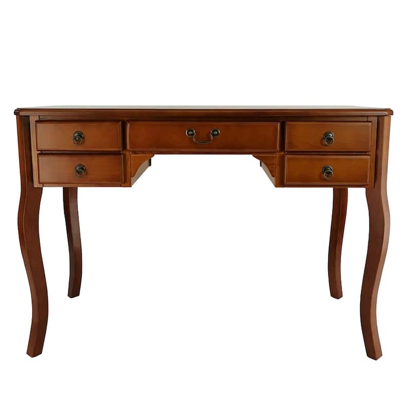 Wooden Writing Desk with Cabriole Legs and 5 Drawers, Brown