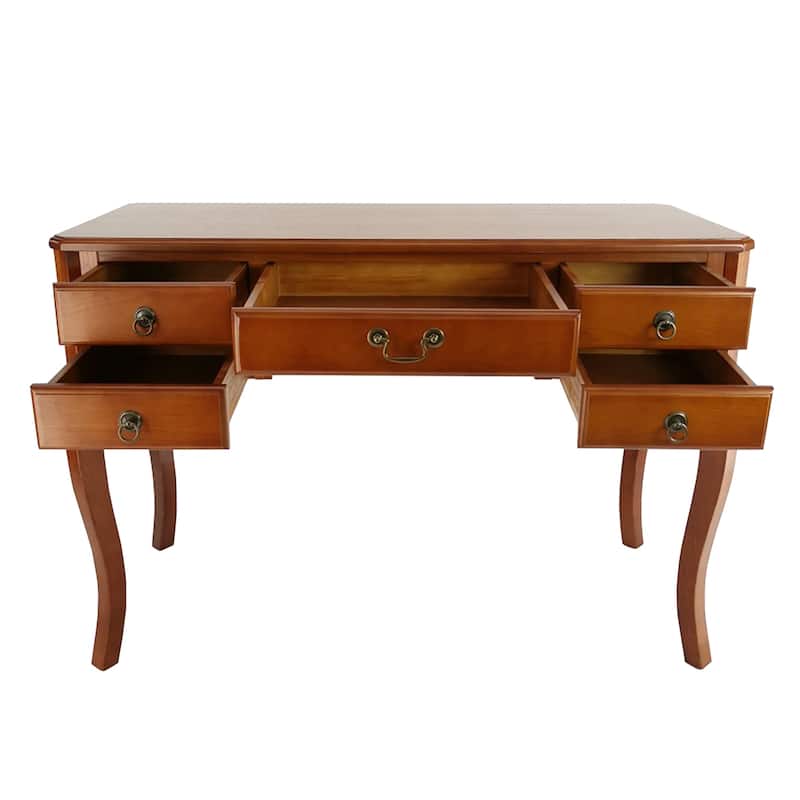 Wooden Writing Desk with Cabriole Legs and 5 Drawers, Brown