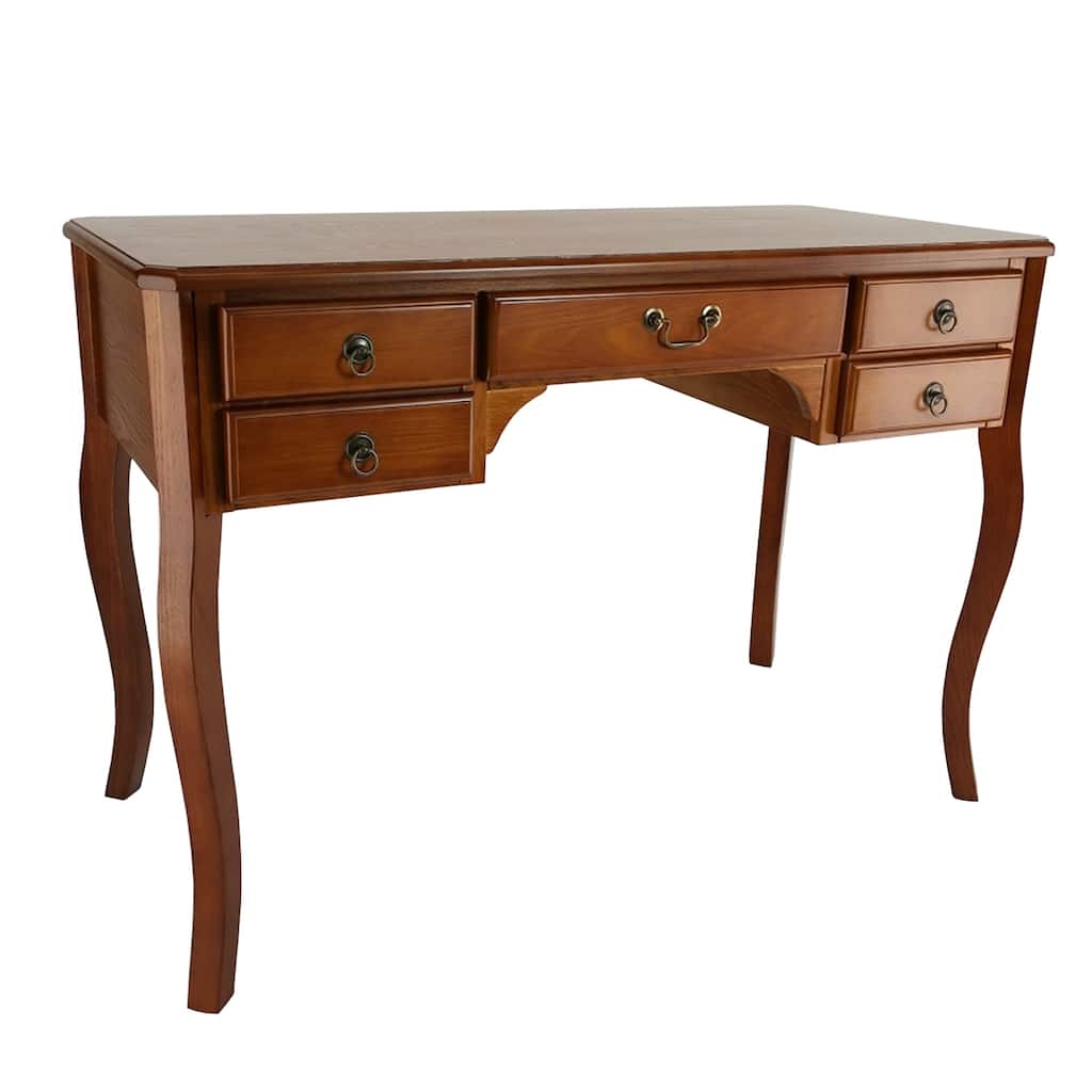 Wooden Writing Desk with Cabriole Legs and 5 Drawers, Brown