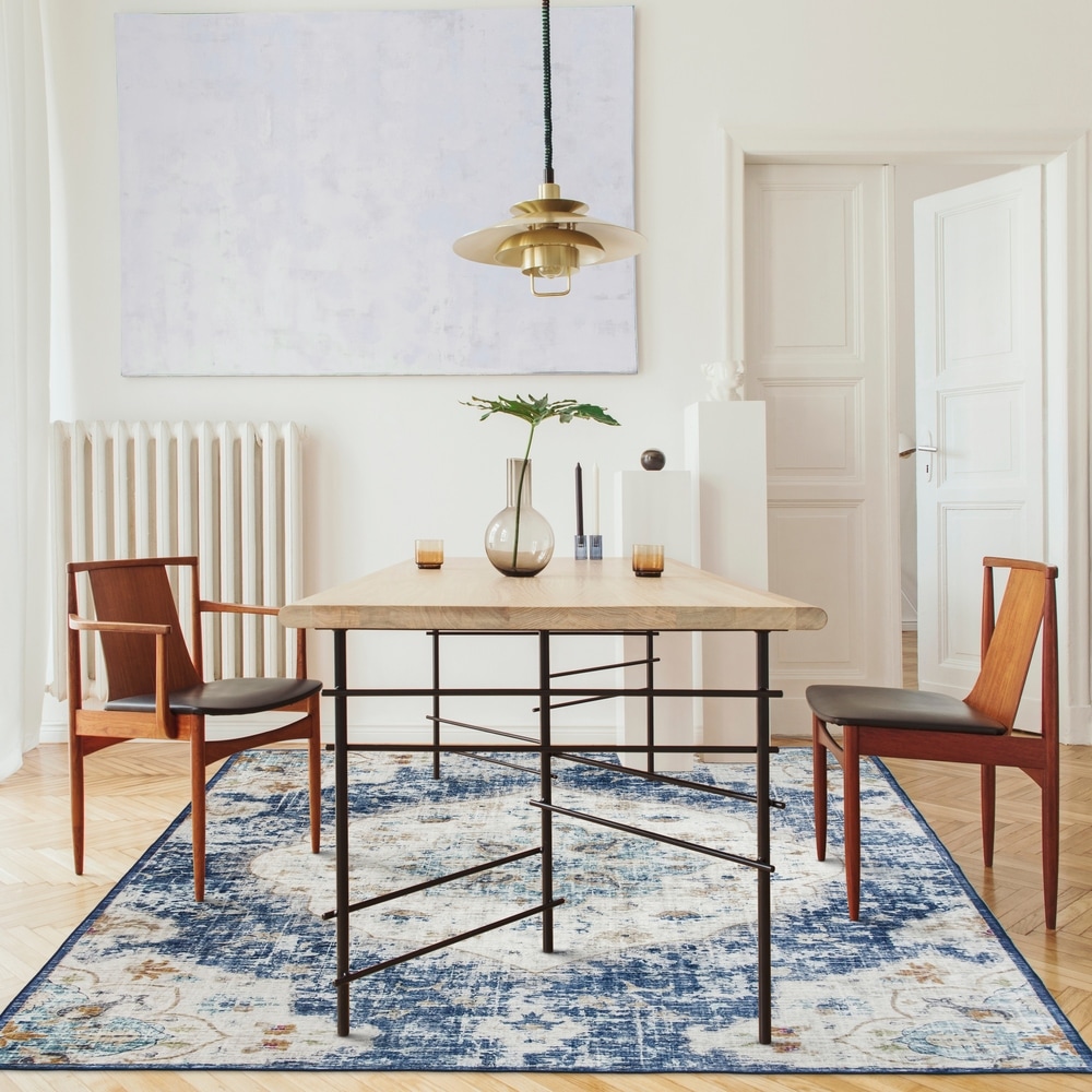 ReaLife Machine Washable Rug Non-Shed Made from Premium Recycled Fibers Stain Resistant Family & Pet Friendly Eco-Friendly Blue Vintage Distressed Bohemian Non-Slip 4' x 6' 