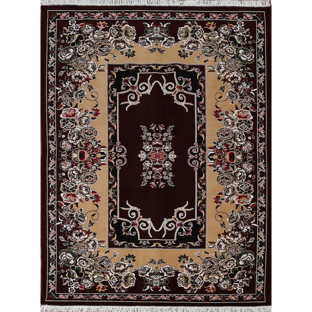 Floral Dark Burgundy Art Deco Oriental Area Rug Dining Room Carpet - 6'6" x 9'9"