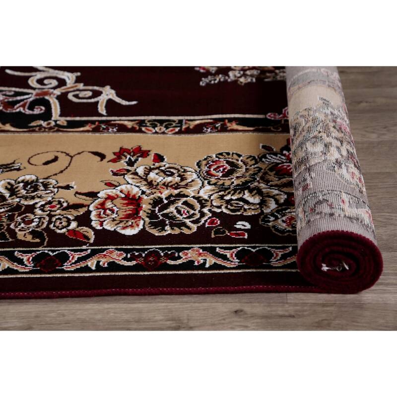 Floral Dark Burgundy Art Deco Oriental Area Rug Dining Room Carpet - 6'6" x 9'9"