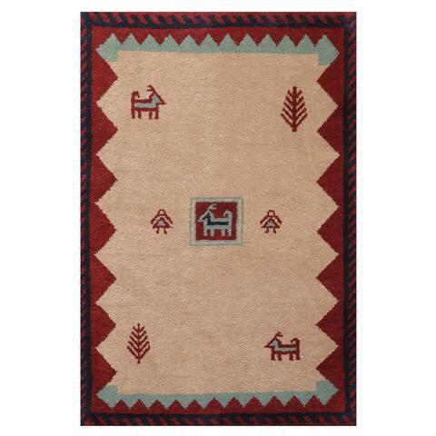 Gabbeh Hand Knotted Beige,Burgundy Wool Persian Oriental Area Rug (4'1''x6'1'') - 4'1" x 6'2"