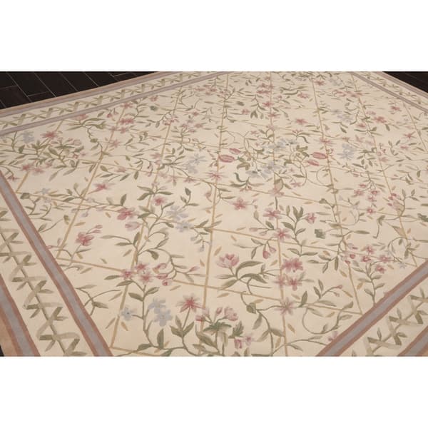 French Aubusson Savonnerie Hand Knotted Cream Green Wool Oriental Area Rug 7 10 X10 3 7 10 X 9 11 Overstock 31149377