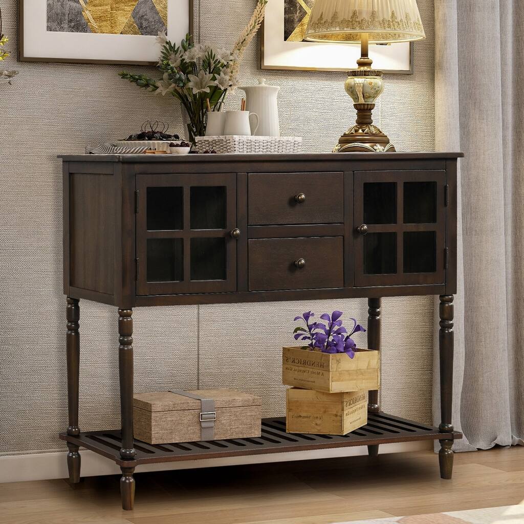 Sideboard Console Table with Bottom Shelf, Farmhouse Wood/Glass Buffet Storage Cabinet Living Room