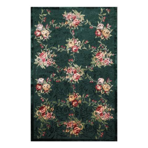 Hand Hooked Floral Green,Mint Wool and Silk Oriental Area Rug (5'5''x8'5'') - 5' x 8'