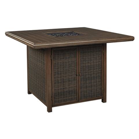 Square Aluminum Bar Table with Fire Pit and Resin Wicker Side Panels, Brown