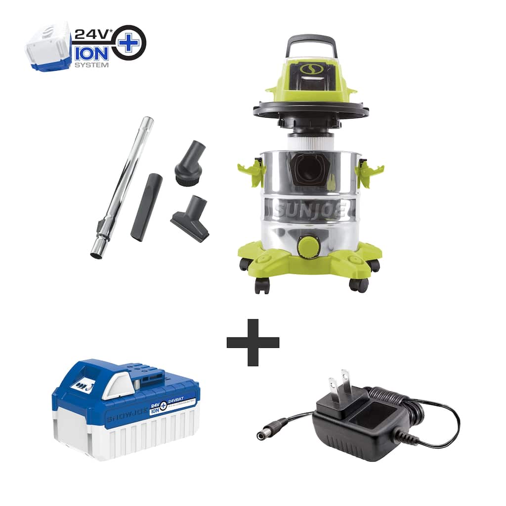 Sun Joe 24-Volt iON Cordless Portable Stainless Steel Wet/Dry Vacuum - 9' x 12'