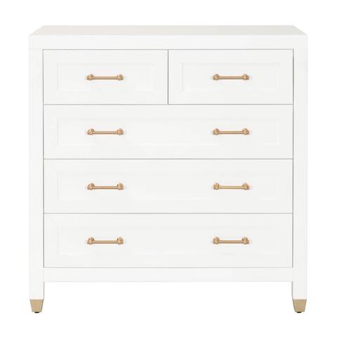 5 Drawers Wooden Frame Chest with Metal Accent on Legs, White and Brass