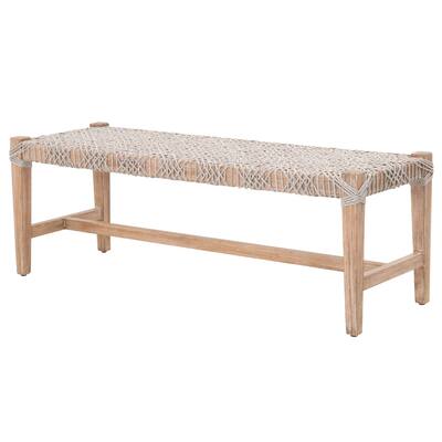 Interwind Rope Top Wooden Frame Bench with Trestle Base, Gray and Brown