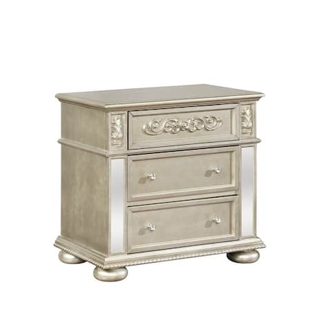 3 Drawers Nightstand with Ornate Carving and USB Ports, Silver