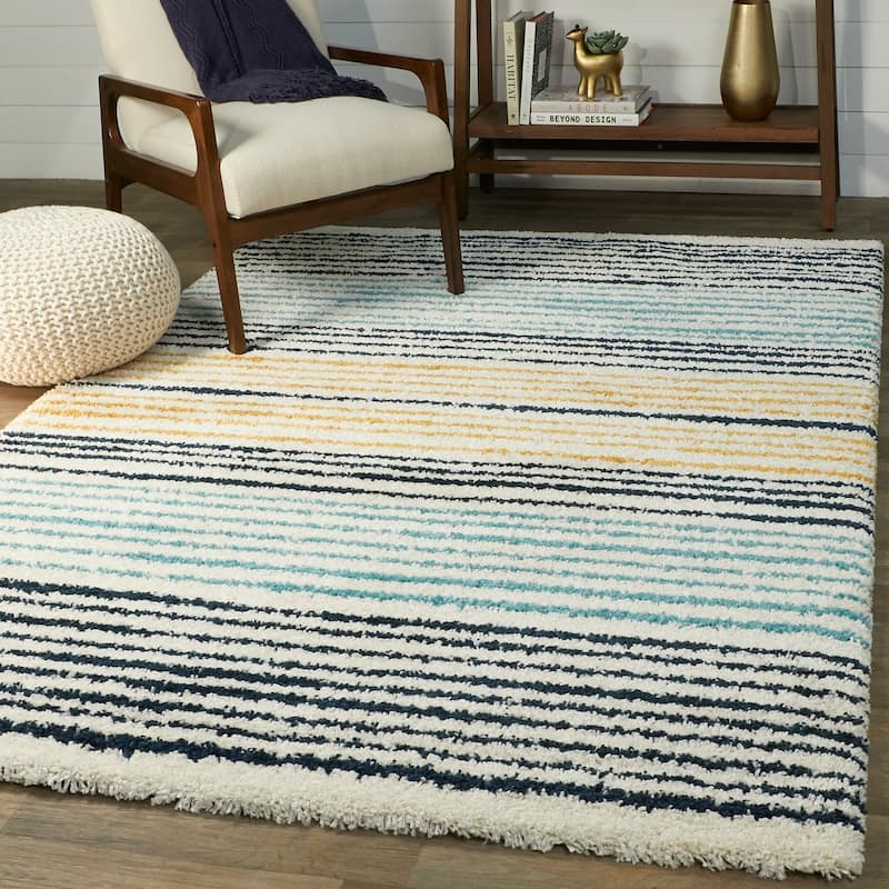 Jayden Stripe Shag Area Rug - 5'3" x 7' - White - Runner