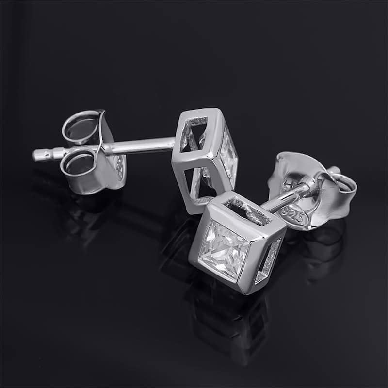 Princess Cut Stud Earrings Bezel Set 0.50 Carat Sterling Silver 4x4mm