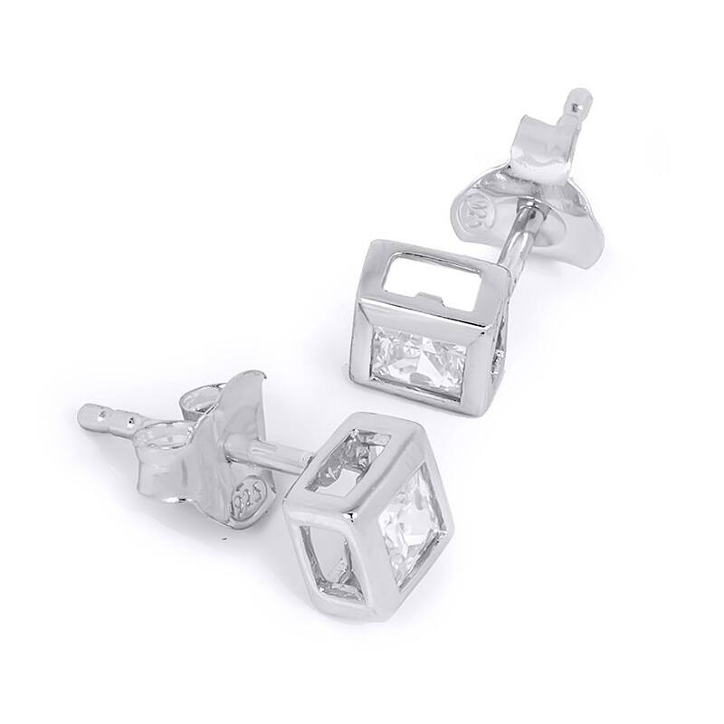 Princess Cut Stud Earrings Bezel Set 0.50 Carat Sterling Silver 4x4mm