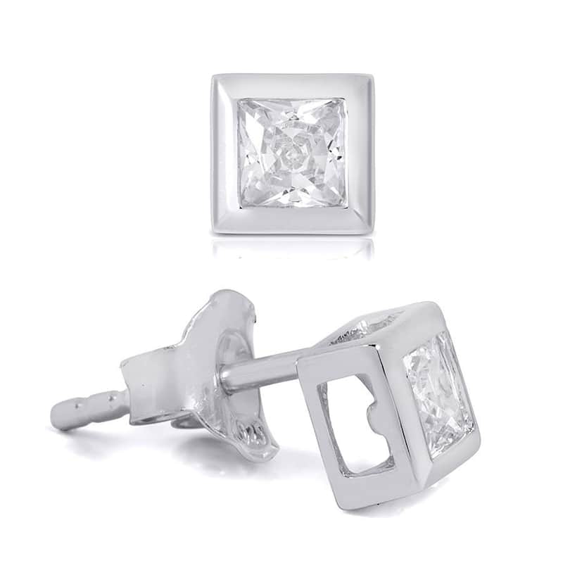 Princess Cut Stud Earrings Bezel Set 0.50 Carat Sterling Silver 4x4mm