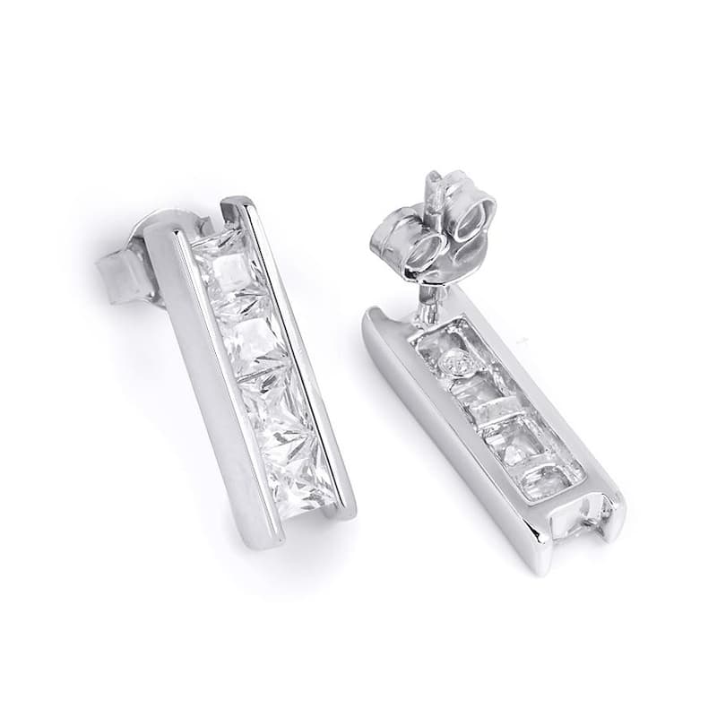 Womens 1.25 Ct Rectangular Princess Cut Stud Earrings Sterling Silver