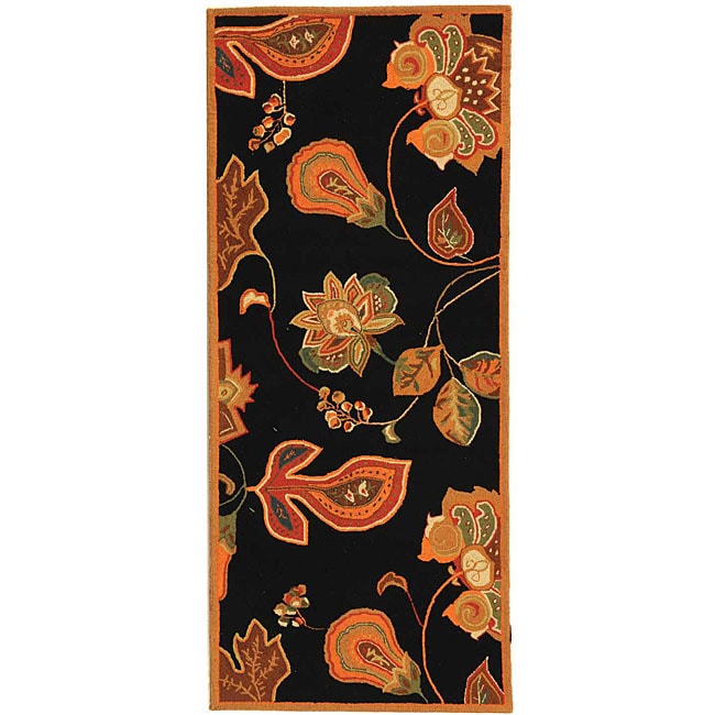 Hand hooked Autumn Leaves Black/ Orange Wool Runner (26 X 10)