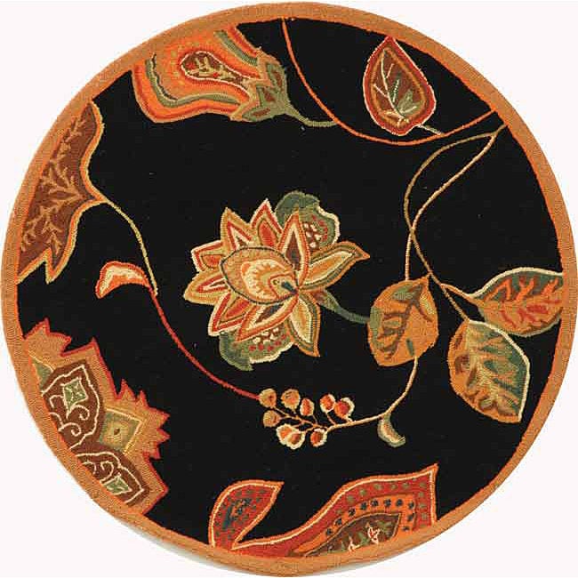 Hand hooked Autumn Leaves Black/ Orange Wool Rug (3 Round)