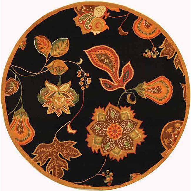 Hand hooked Autumn Leaves Black/ Orange Wool Rug (4 Round)