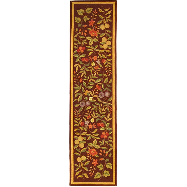 Hand hooked Botanical Burgundy Wool Runner (26 X 8)