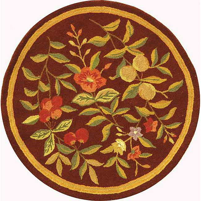 Hand hooked Botanical Burgundy Wool Rug (56 Round)