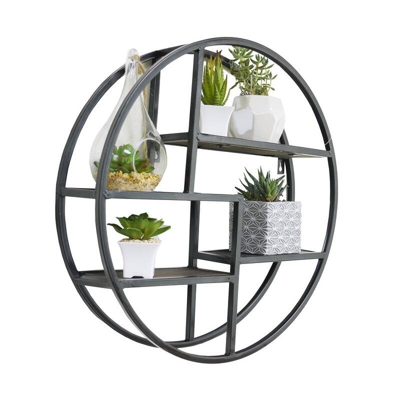 18 Inches Round wall-mounted Iron hanging storage shelves, Black - Small
