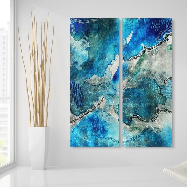 Blue Abstract Wall Art Reverse Printed Tempered Glass Silver Leaf Overstock