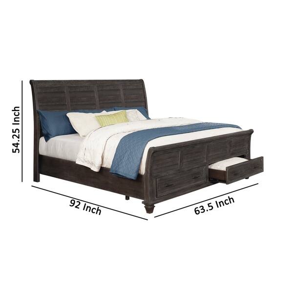 Sleigh Queen Size Bed with Rough Hewn Saw Texture and 2 Drawers, Gray Bed Bath & Beyond 31224308