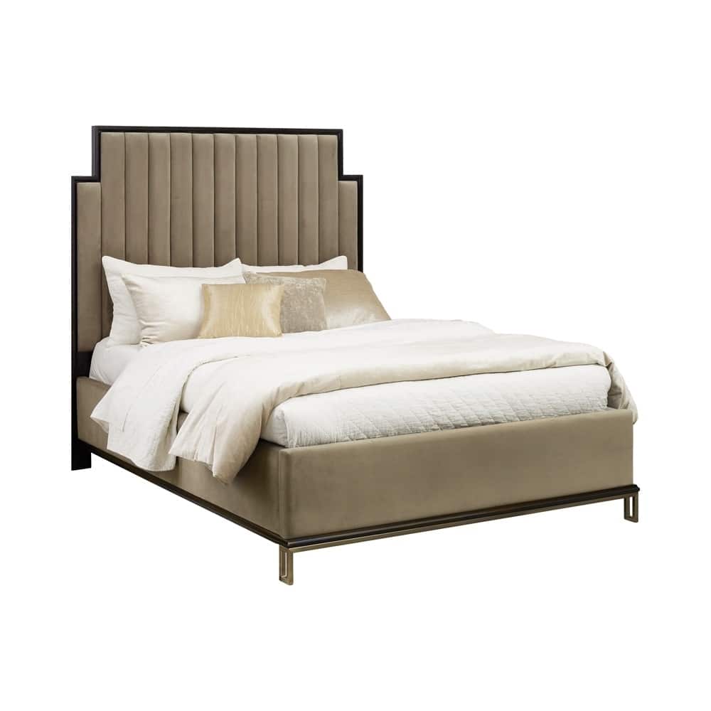 Vertical Channel Fabric Queen Size Bed with Tall Panel Headboard,Beige