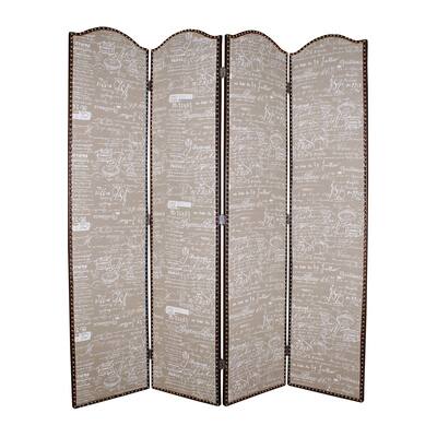 4 Panel Scripted Fabric Wooden Scalloped Room Divider, Beige and Brown