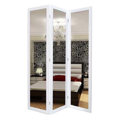 3 Panel Wooden Foldable Mirror Encasing Room Divider, White and Silver