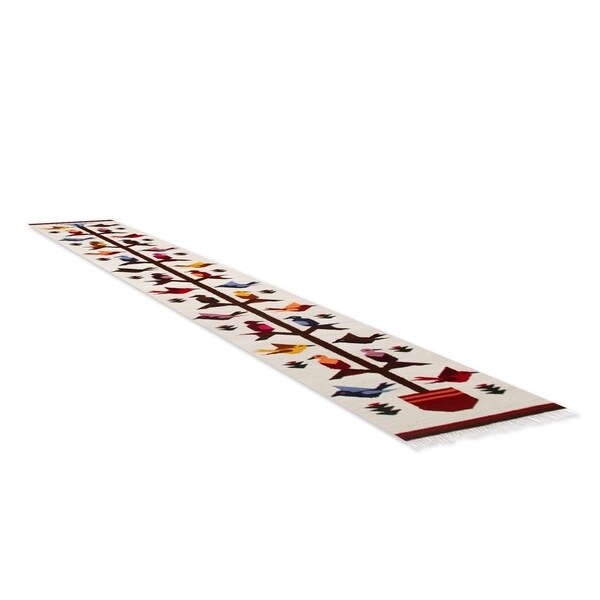 Aves Contemporary Handwoven Wool and Cotton with Self Fringe Multicolor Abstract Bird Theme Table Ru