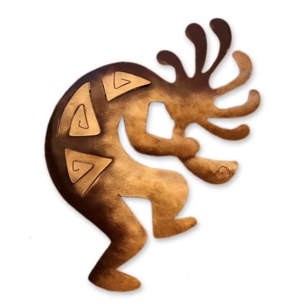 Handmade Kokopelli Peace Brown and Gold Iron Flute Player Wall Art (Mexico)