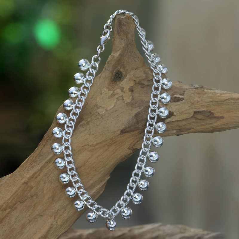 NOVICA Handmade Dangling Ball Charms Ankelet (Indonesia) - Silver