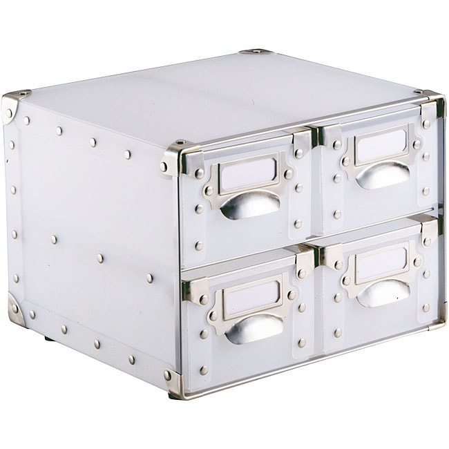 White Polypro 4 drawer Storage Bin (WhiteFour (4) drawersBuilt in handlesSpot clean Materials Polypro plastic, metal cornersDimensions 10 inches high x 8.5 inches wide x 7.5 inches deep )