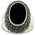 Glitzy Rocks Sterling Silver Oval Marcasite and Onyx Ring