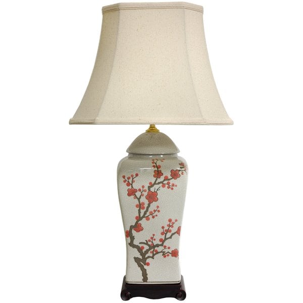 26 inch White and Red Cherry Blossom Porcelain Vase Lamp (China)