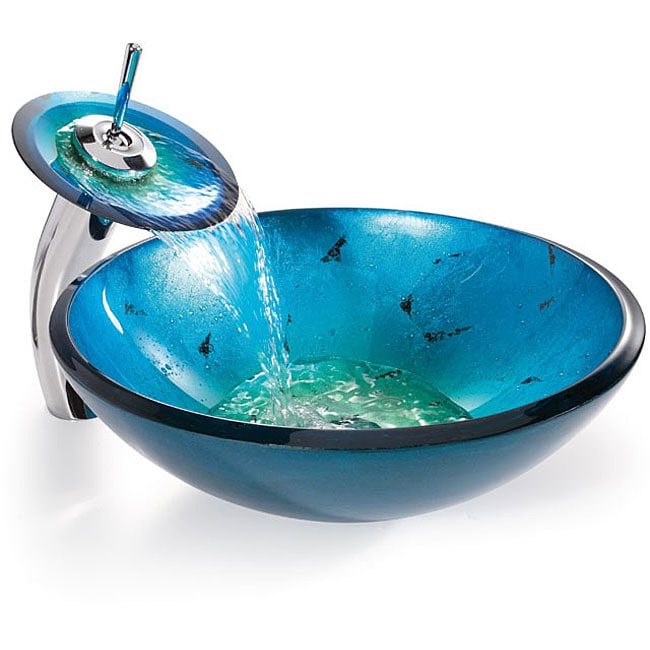 Kraus Galaxy Blue Irruption Glass Vessel Sink/ Waterfall Faucet