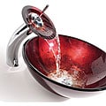 KRAUS Irruption Glass Vessel Sink in Red with Single Hole Single-Handle Waterfall Faucet in Chrome