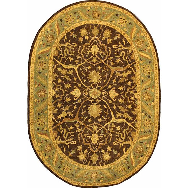 Handmade Antiquities Mahal Brown/ Blue Wool Rug (46 X 66 Oval)