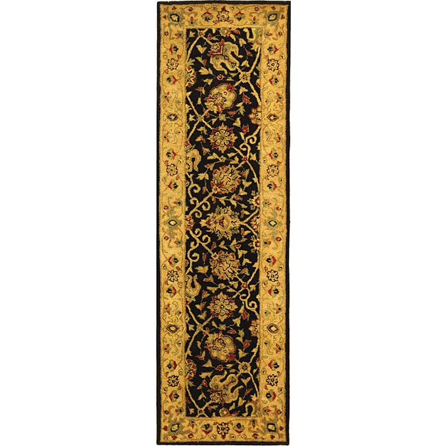 Handmade Antiquities Mashad Black/ Ivory Wool Runner (23 X 12)