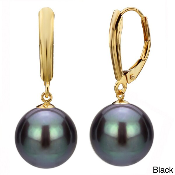 DaVonna 14k Yellow Gold Black Cultured Pearl Drop Earrings (9-9.5 mm ...