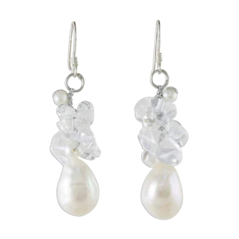 NOVICA Handmade Freshwater Pearl and Quartz Dangling Earrings (Thailand) - Clear/White - White