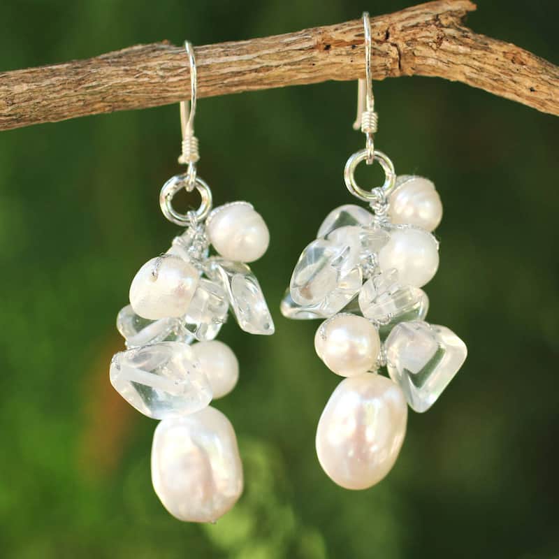 NOVICA Handmade Freshwater Pearl and Quartz Dangling Earrings (Thailand)