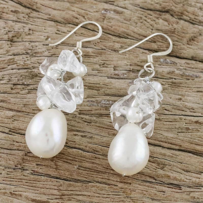 NOVICA Handmade Freshwater Pearl and Quartz Dangling Earrings (Thailand)