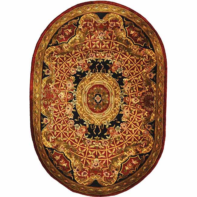 Handmade Classic Empire Burgundy/ Black Wool Rug (46 X 66 Oval)