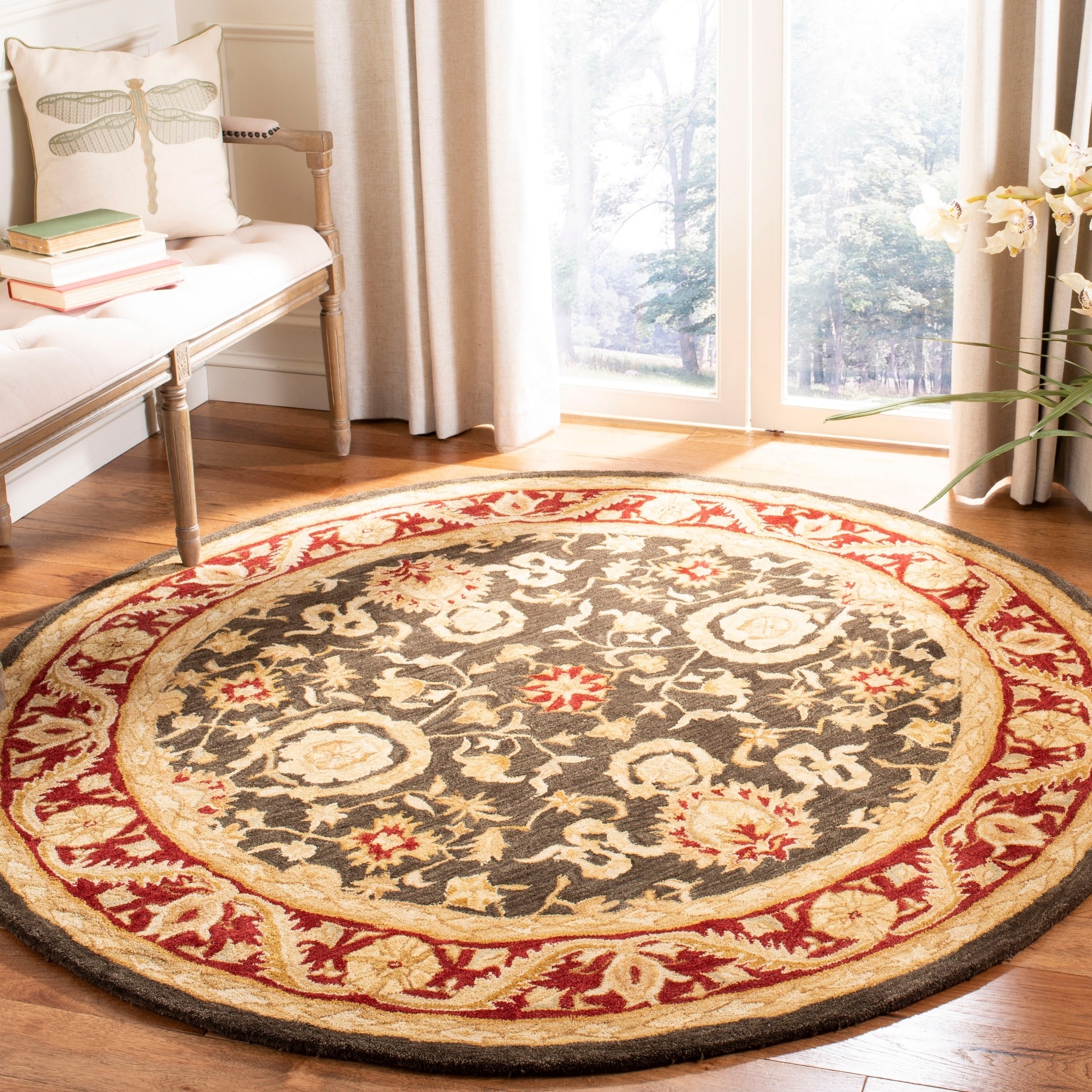 Handmade Kashan Charcoal/ Red Wool Rug (6 Round)