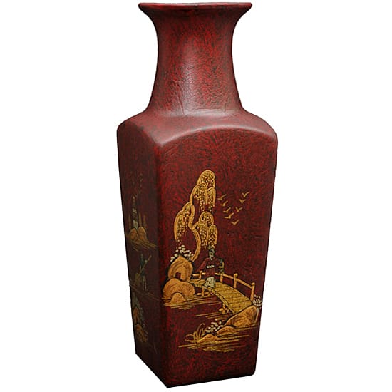 Handmade Red Crackle Square Vase (China)