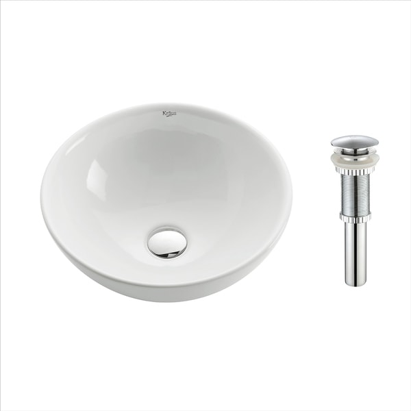 Kraus KCV-141 Elavo 16 Inch Round Vessel Porcelain Ceramic Vitreous Bathroom Sink in White, Pop Up Drain optional