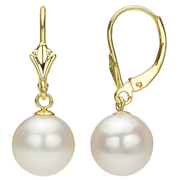 Shop DaVonna 14k Gold Cultured White Akoya Pearl Leverback Earrings (7 ...